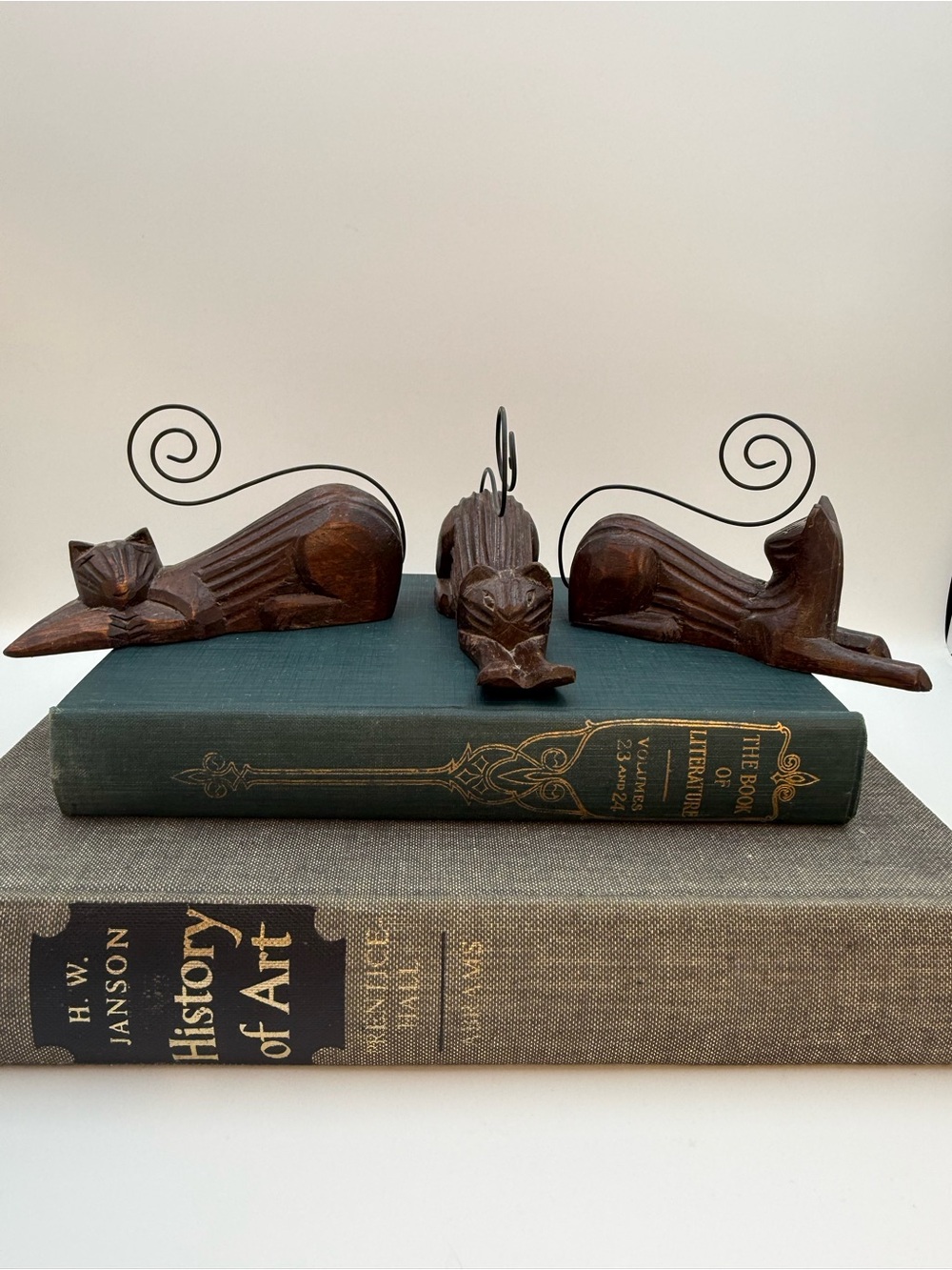 3 Vintage Carved Wood Cats With Wire Tail Figurines